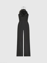 Black Crepe Halter Neck Jumpsuit With Flower